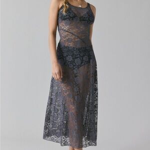 Urban outfitters sheer lace midi slip dress in charcoal color